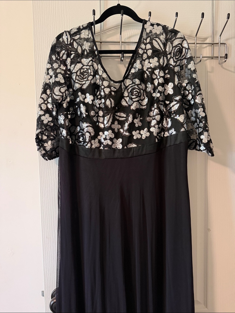Black Long Sleeve Evening Dress with Silver Sequin Floral Bodice